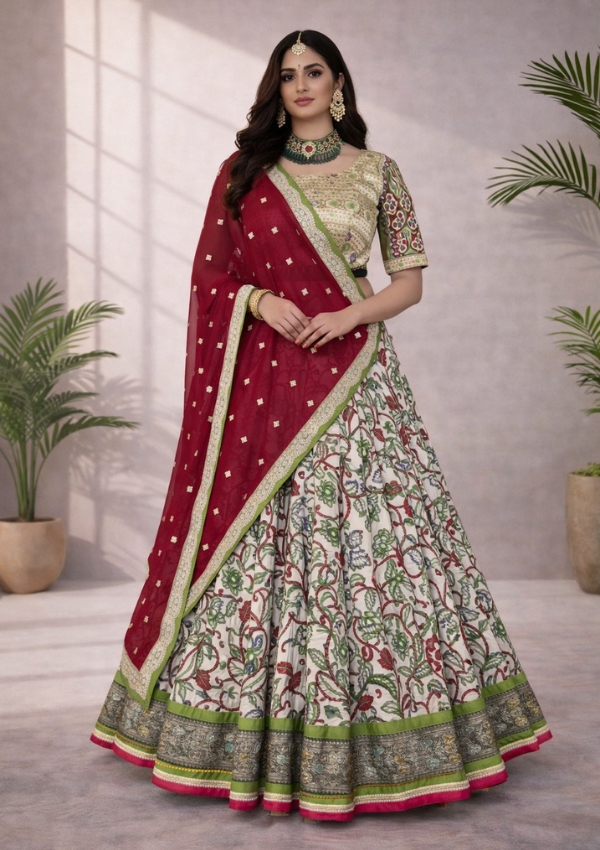 White Kalamkari Banarasi Lehenga Set